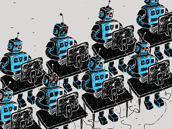robots lined up typing on computers 